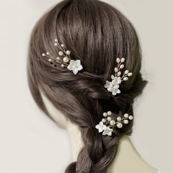 3 piece Ceramic White Flower U-shaped Hairpins